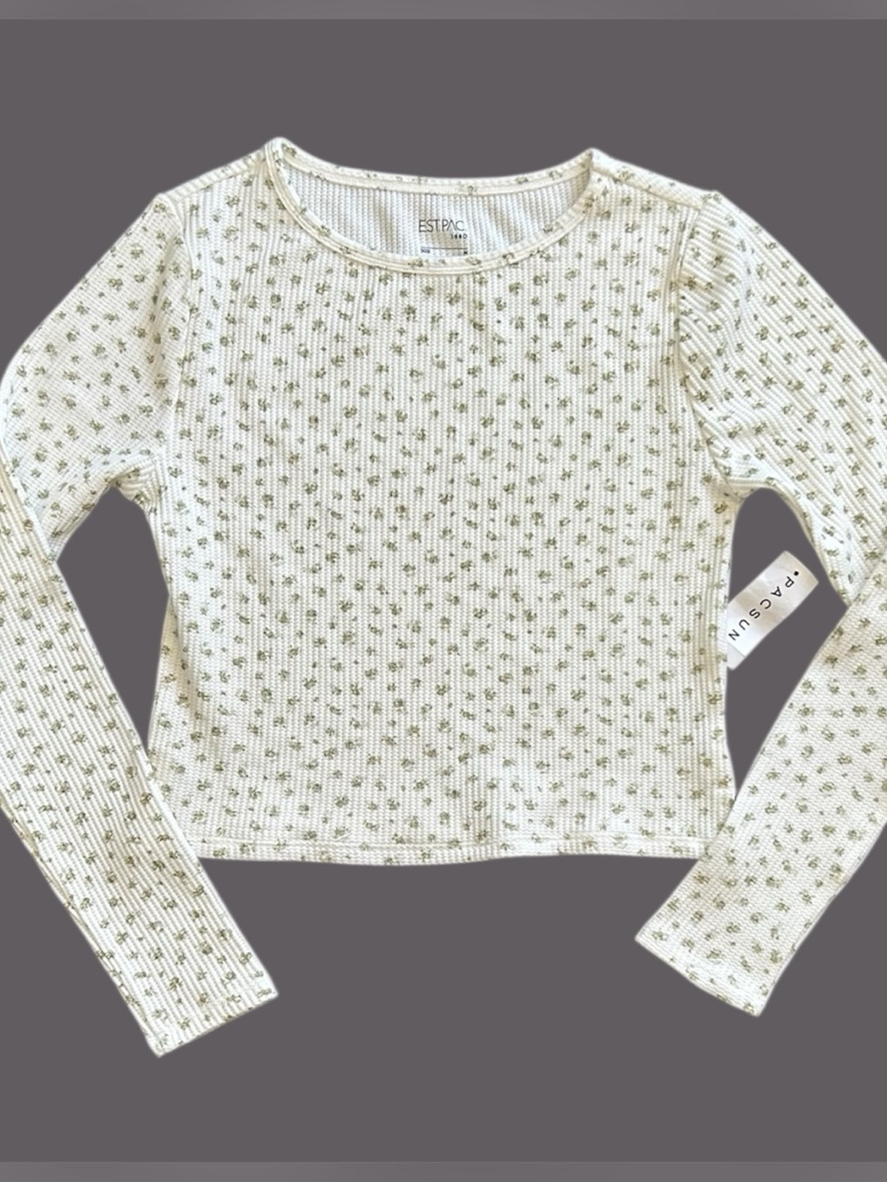 Est. PAC 1980 Floral Waffle Knit Long Sleeve Crop Top in Sage Floral Print - NWT